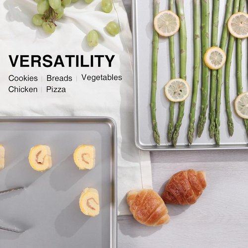 HONGBAKE Half Baking Sheet Pan Set - Nonstick Heavy Duty Cookie Trays, Dishwasher Safe | 2 Pack, Silver