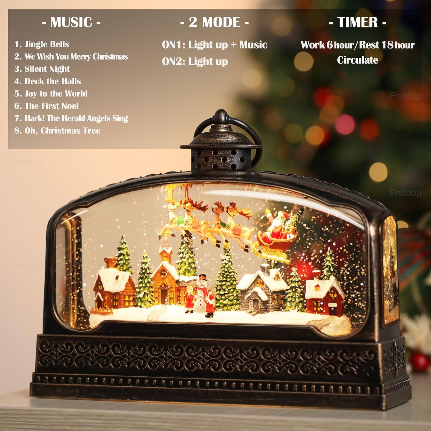 Priddop Christmas Snow Globe - Santa Claus & Snowman Village Scene with USB/Battery Timer & Music