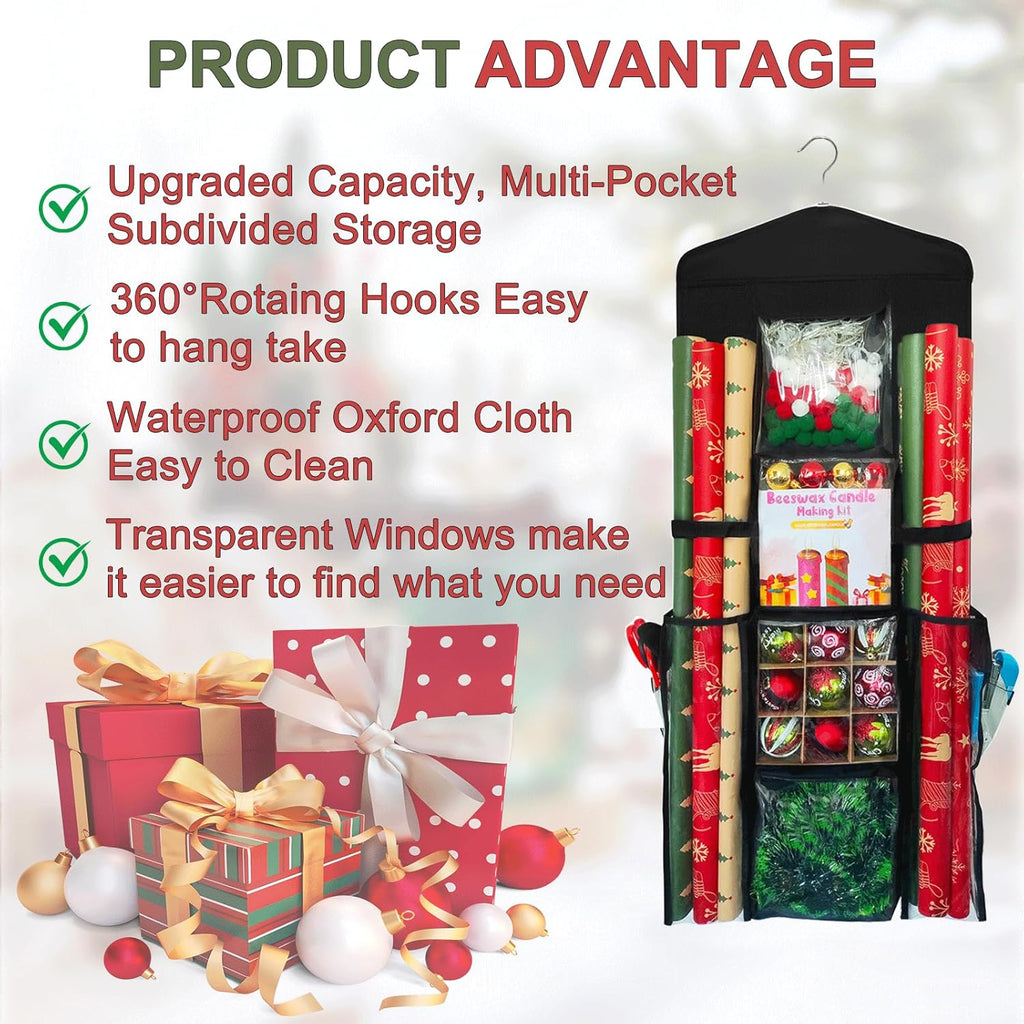 Skiennix Hanging Double-Sided Wrapping Paper Organizer - Clear PVC Bag for 40-Inch Rolls & Gift Wrap