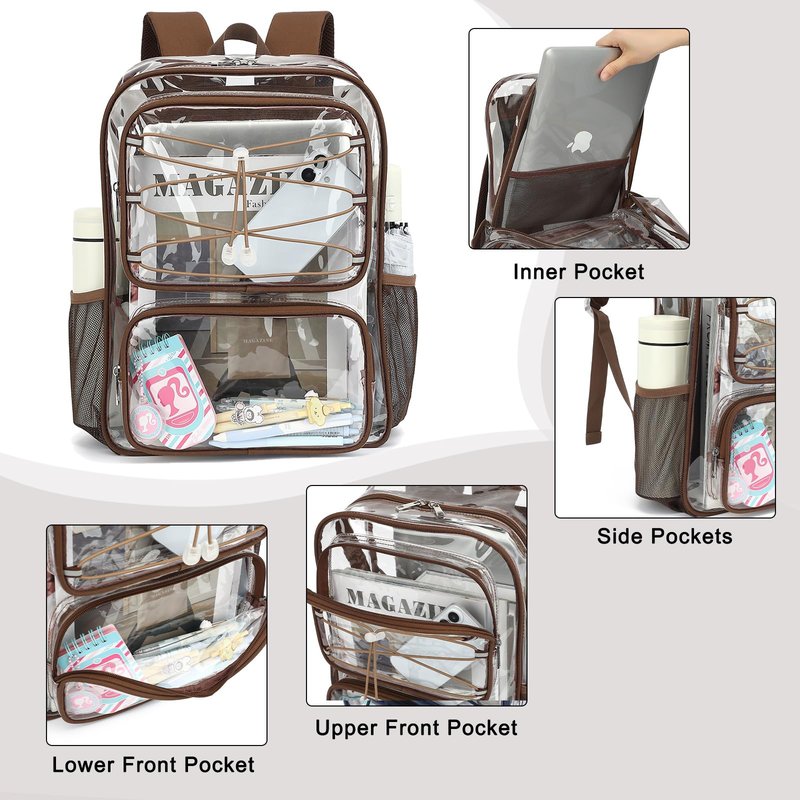 Yusudan Clear Backpack for Girls Women, Heavy Duty Transparent School Backpacks See Through PVC Bookbag for College Work Security Travel (Coffee)