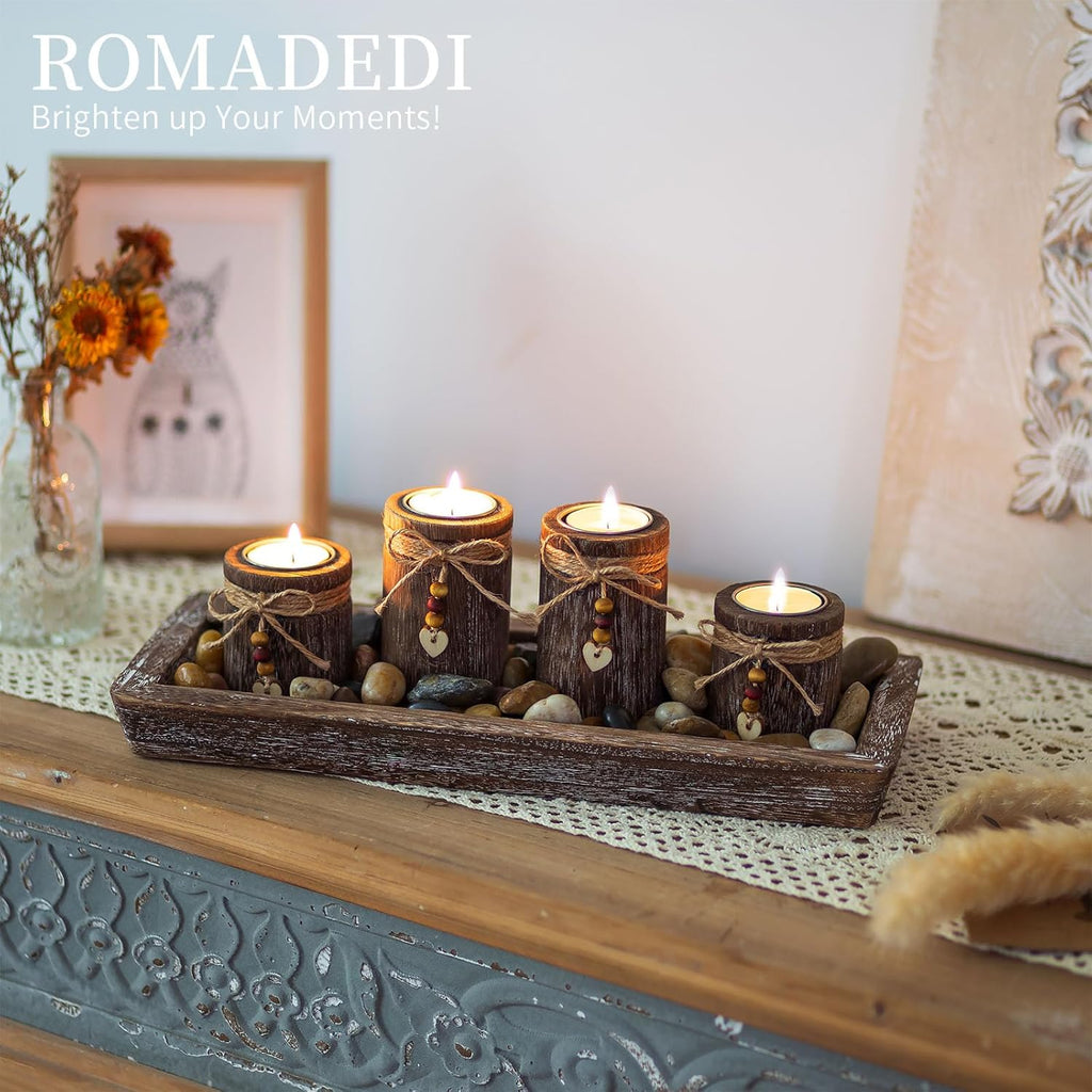 Romadedi Boho Wooden Tray Candle Holder Set - Farmhouse Coffee Table Decor with 4 Tealight Holders