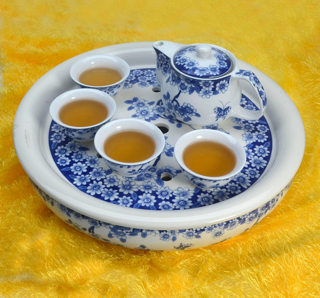 Porcelain Tea Tray, Double-Layer Ceramic Tray Round for Tea Coffee Serving Table (Fish)