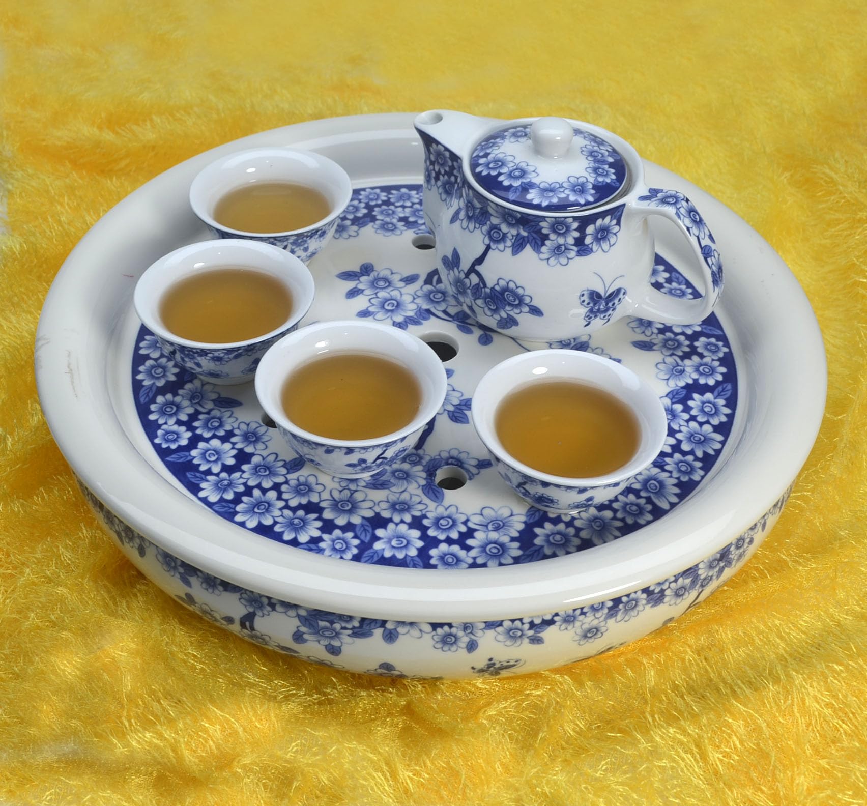 Porcelain Tea Tray, Double-Layer Ceramic Tray Round for Tea Coffee Serving Table (Fish)