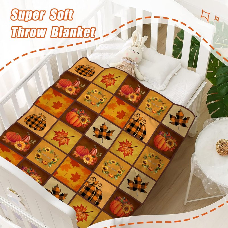 YeeJu Fall Decoraitve Throw Blanket Small Plaid Thanksgiving Autumn Pumpkins Leaf Blanket Kids Child Blanket for Girl Boy Baby Bed Soft Lightweight Fuzzy Fleece Blankets and Throws 40x50
