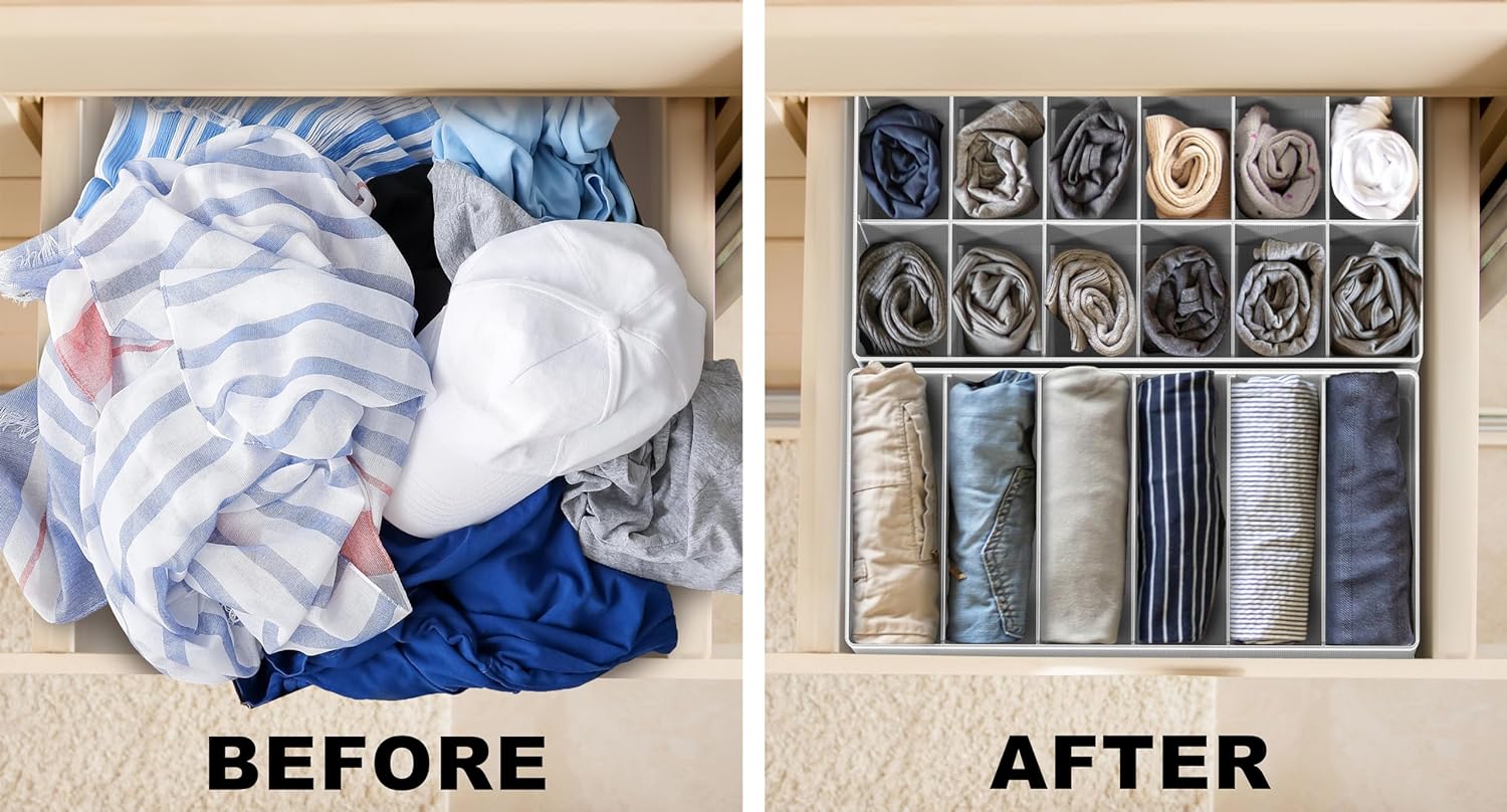 Simple Houseware Drawer Organizer Set - 4-Pack Foldable Closet Dividers for Underwear, Socks, and Accessories - Gray