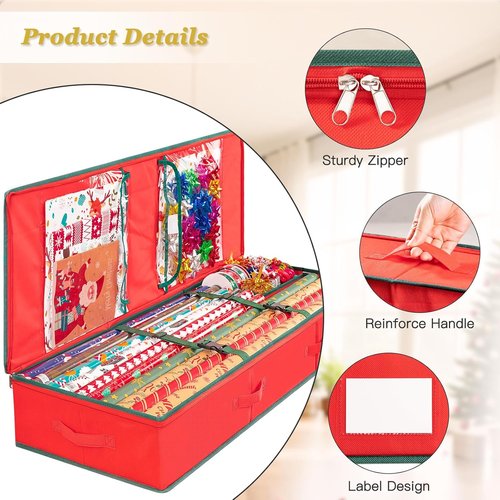 Criusia Gift Wrapping Paper Organizer - Durable Underbed Storage for 24 Rolls | Red with Removable Dividers & Pockets