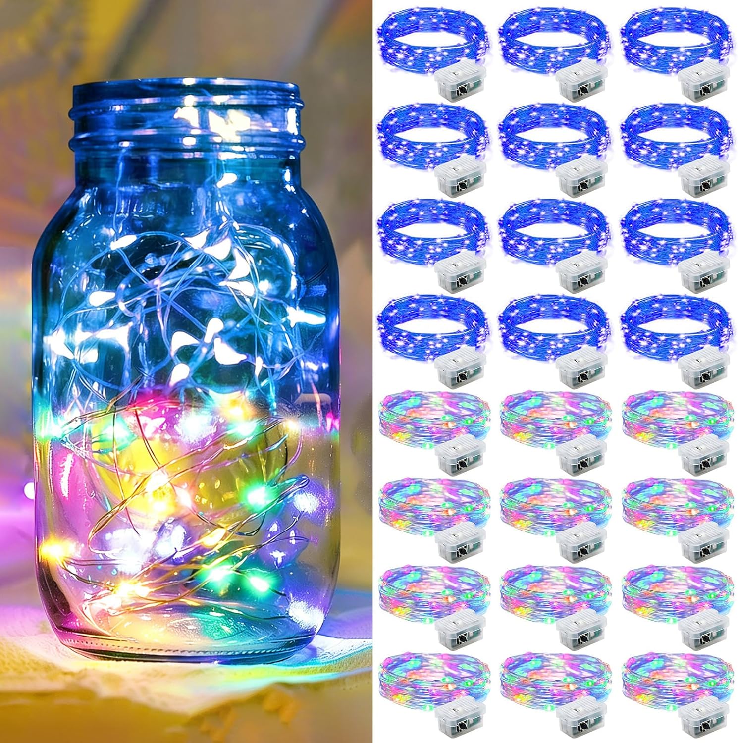 Skiennix 24 Pack Fairy Lights - 7Ft 20 LED Twinkle String Lights | Battery Operated & Waterproof for Parties, Weddings, and Holidays - Rainbow & Blue