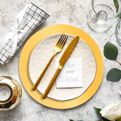 SAYAYA 150 Pcs Gold Glitter Paper Placemats Round Disposable Table Mats Mirror Foil Decorative Place Mats for Dining Wedding Banquet Party New Years Festive Birthday Holiday Christmas Table Decoration