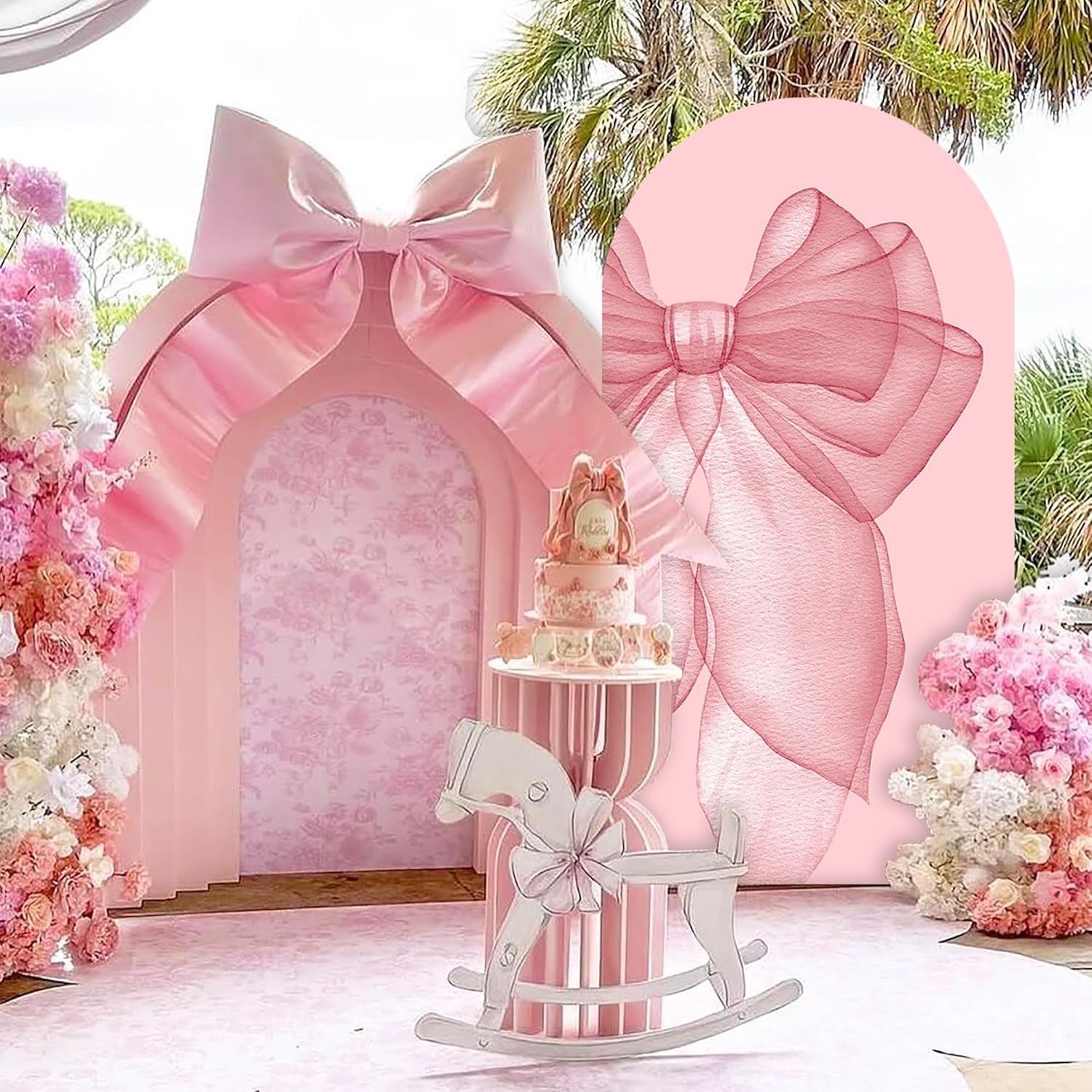 Sensfun Pink Bow Arch Backdrop - 2-Sided Pastel Pink Bowknot Cover for Girls' Birthday & Bridal Showers | 2.6x6ft