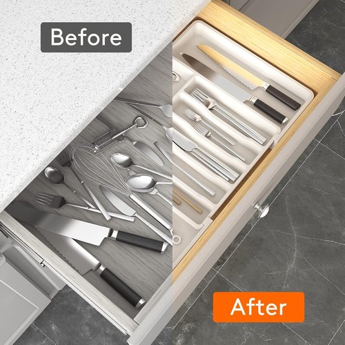 Lifewit Expandable Silverware Drawer Organizer - BPA-Free Utensil Tray for Kitchen | Adjustable 13-22 x 15" White