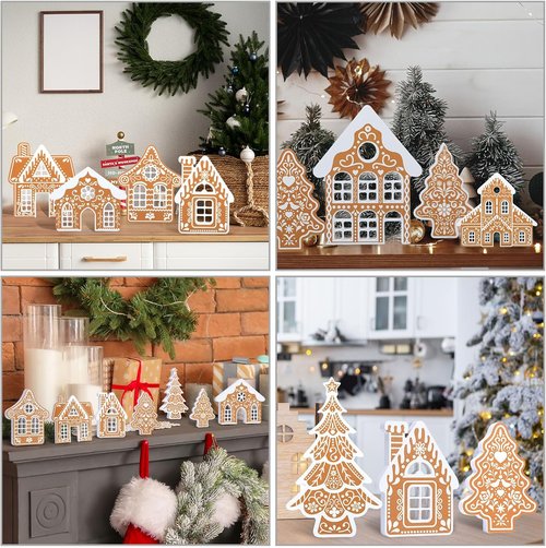 Faccito 9-Piece Wooden Gingerbread House Decor Set - Festive Christmas Village Centerpiece for Indoor Decorations