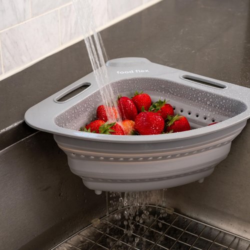 Food Flex Collapsible Corner Colander – Space-Saving Over Sink Strainer, 3.5 Qt, Grey