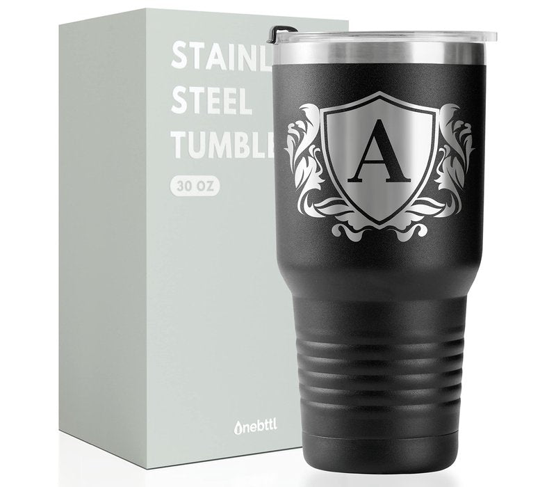 Onebttl Personalized Gifts for Men with Initials, Monogrammed Travel Tumbler for Him, Custom Coffee Cups, Unique Birthday Christmas Gifts for Men who Have Everything, Black, 30oz, E