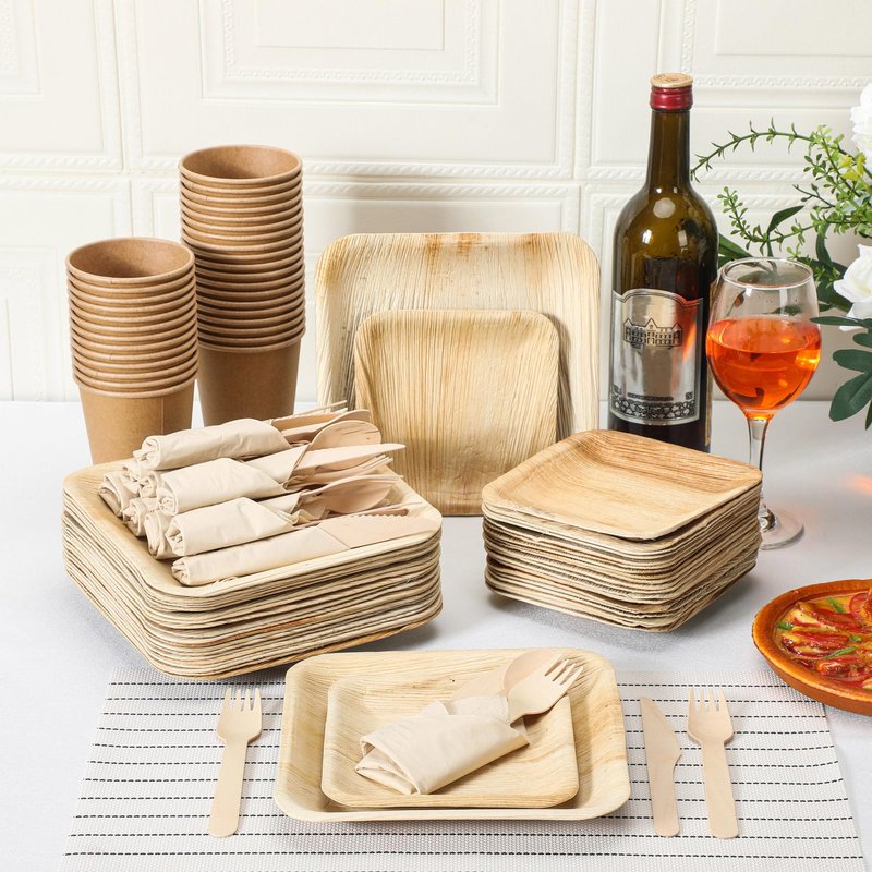 Bokon 350 Pcs Palm Leaf Disposable Dinnerware Set for 50 Guests, 50 Square Palm Leaf Plates 50 Dessert Plates 50 Forks 50 Spoons 50 Knives 50 Cups 50 Paper Napkins for Wedding Birthday Party Supplies