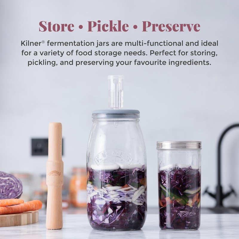Kilner 1 Litre Fermentation Jar Set Wide Mouth Glass Jar with Silicone Valve Lid, Ceramic Weights & Recipe Booklet, Ideal for Small Batch Fermentation