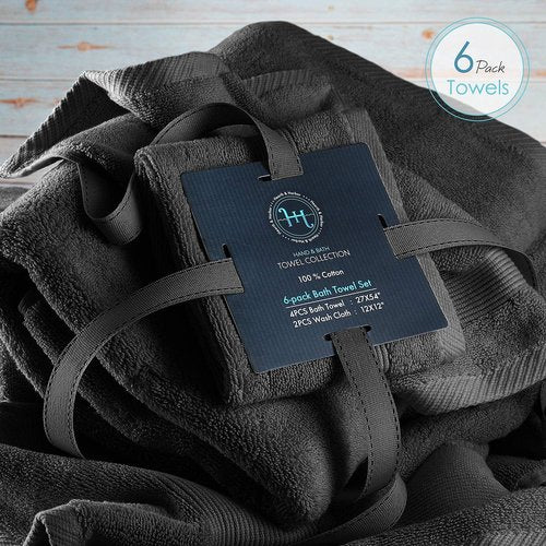Hearth & Harbor Bath Towels - Ultra Soft 100% Ring Spun Cotton Set of 6 - Highly Absorbent Black Luxury Towels