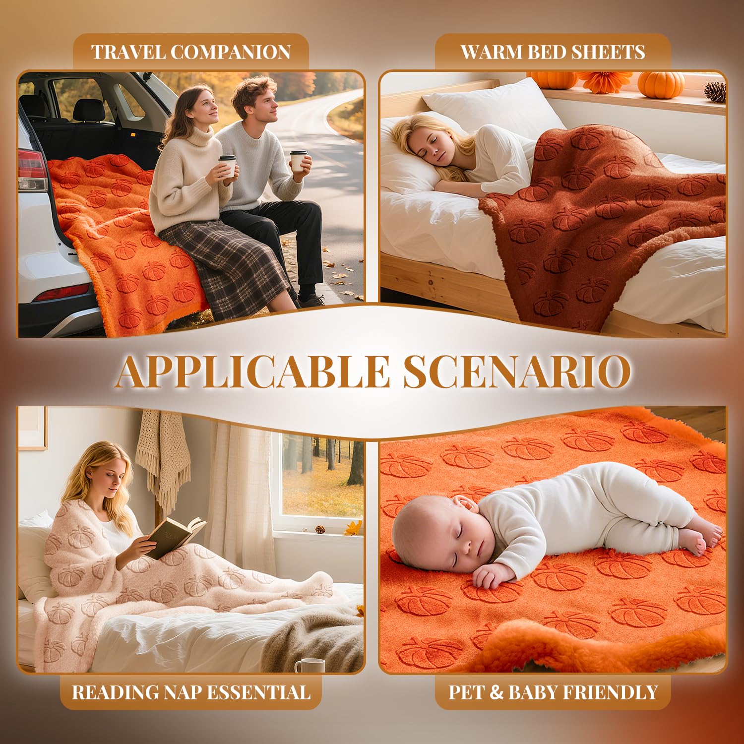 Lanpn Fall Fur Throw Blanket, 530GSM Sherpa Fleece Throws for Couch Sofa, Soft Fluffy 3D Pumpkin Blankets, Autumn Plush Cozy Blanket, Thanksgiving Home Bed Living Room Decor Gift, 50x60, Beige