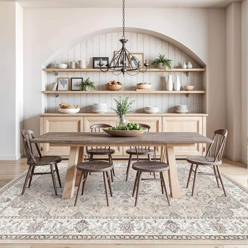 Skiennix 8x10 Living Room Rug - Washable Oriental Stain Resistant Carpet | Ultra Soft Non-Slip Design in Beige