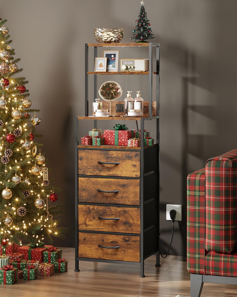 WLIVE Tall Nightstand with Charging Station, LED Night Stand with 4 Drawers and Storage Open Shelves, Fabric Dresser for Bedroom, Office, Rustic Brown