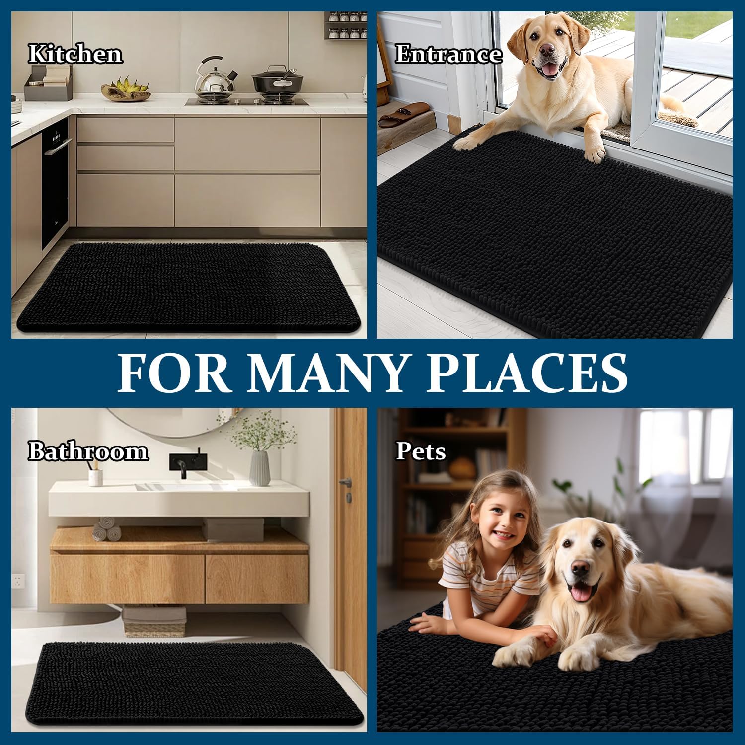 OLANLY Dog Door Mat - Absorbent Non-Slip Mud Mat for Indoor Use | 40x32 Inches, Quick Dry Chenille, Black