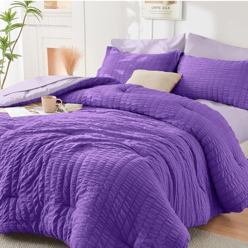 HYMOKEGE King Size Comforter Set - Dark Purple & Lavender Seersucker | 7-Piece All-Season Luxury Bedding Set