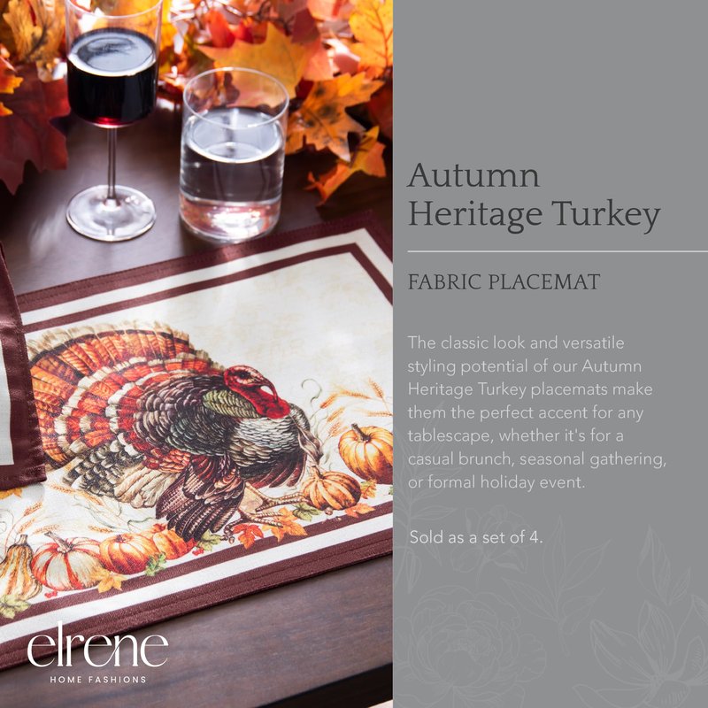 Elrene Home Fashions Autumn Heritage Turkey Engineered Placemats, Set of 4, 13"x19"