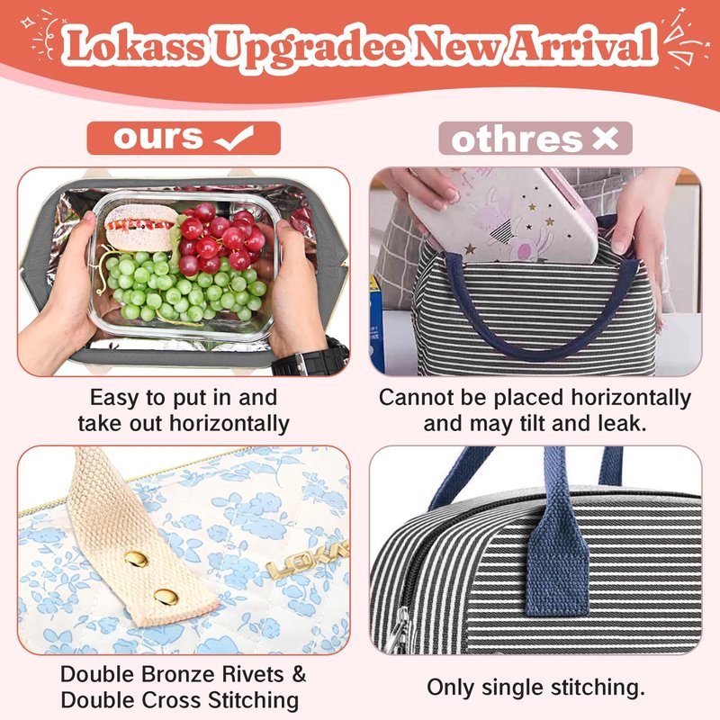 Lunch Bag Women Insulated Lunch Box Wide-Open Lunch Tote Bag Large Drinks Holder Durable Nylon Thermal Snacks Organizer for Men Adults Work Picnic Hiking Beach Fishing, Red Flower