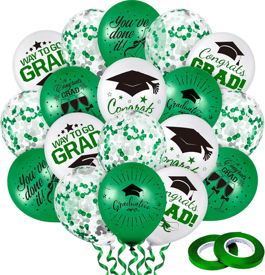 Whaline Graduation Party Balloon Set - 60 Pcs with 7 Designs, Green & White Confetti, Grad Cap Decor
