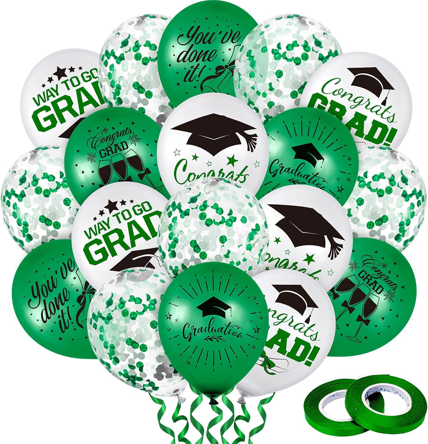 Whaline Graduation Party Balloon Set - 60 Pcs with 7 Designs, Green & White Confetti, Grad Cap Decor