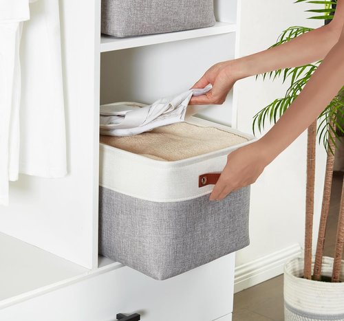 DECOMOMO Storage Baskets - Large Fabric Storage Bins for Organizing Linen Closets | Grey & White - 3 Pack