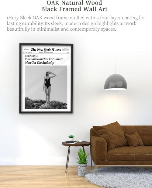iHery Premium Black Oak Wood Framed Wall Art - Retro Woman Canvas Decor for Dorm & Living Room | 16x20in