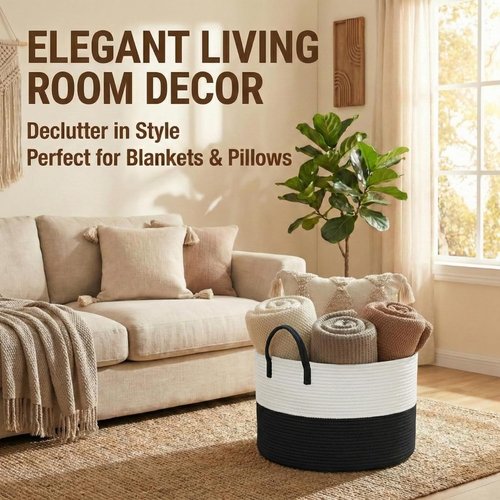 JMvicyroam 65L Extra Large Woven Cotton Rope Blanket Basket - Stylish Storage Hamper for Pillows, Comforters & Toys - Machine Washable, White & Black