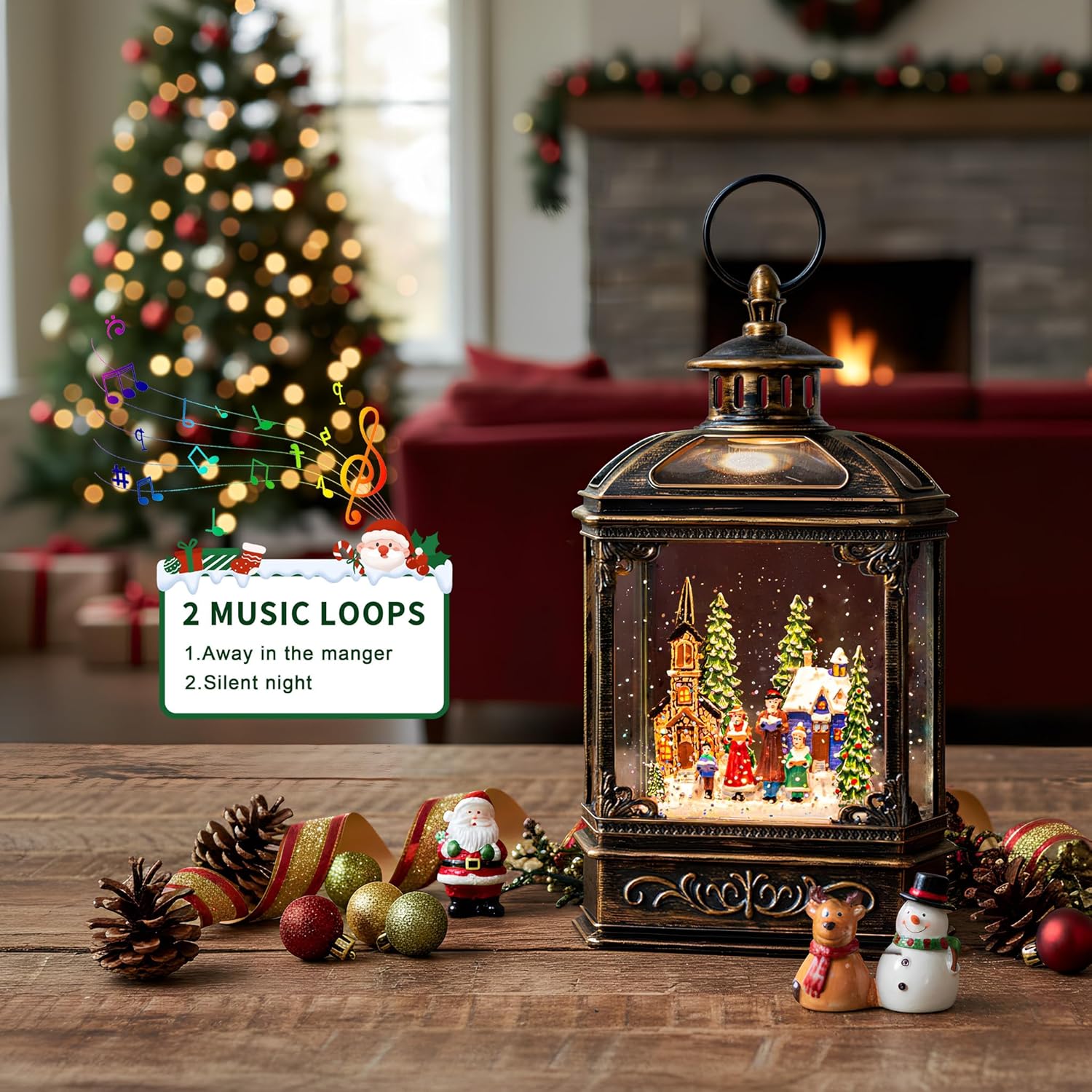 VISFLAIR Musical Snow Globe Lantern | Lighted Church Carolers Christmas Decoration - Battery or USB Powered