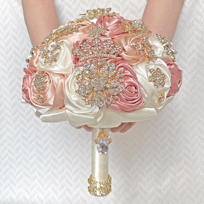 QingForBesty Handmade Satin Rose Floral Bling Pearl Decor Bridal Wedding Bouquet Rhinestone Pendant Artificial Brooch Flowers for Bride Bridesmaid Quinceanera