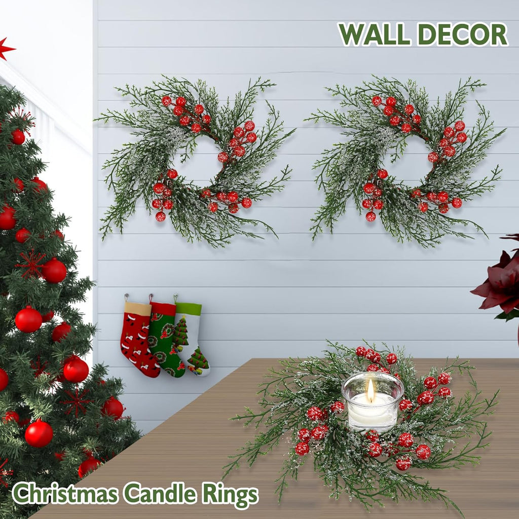 Regine Switzerland Christmas Candle Rings - Set of 6 Artificial Wreaths with Red Berries & Snowy Pine for Festive Table Centerpieces
