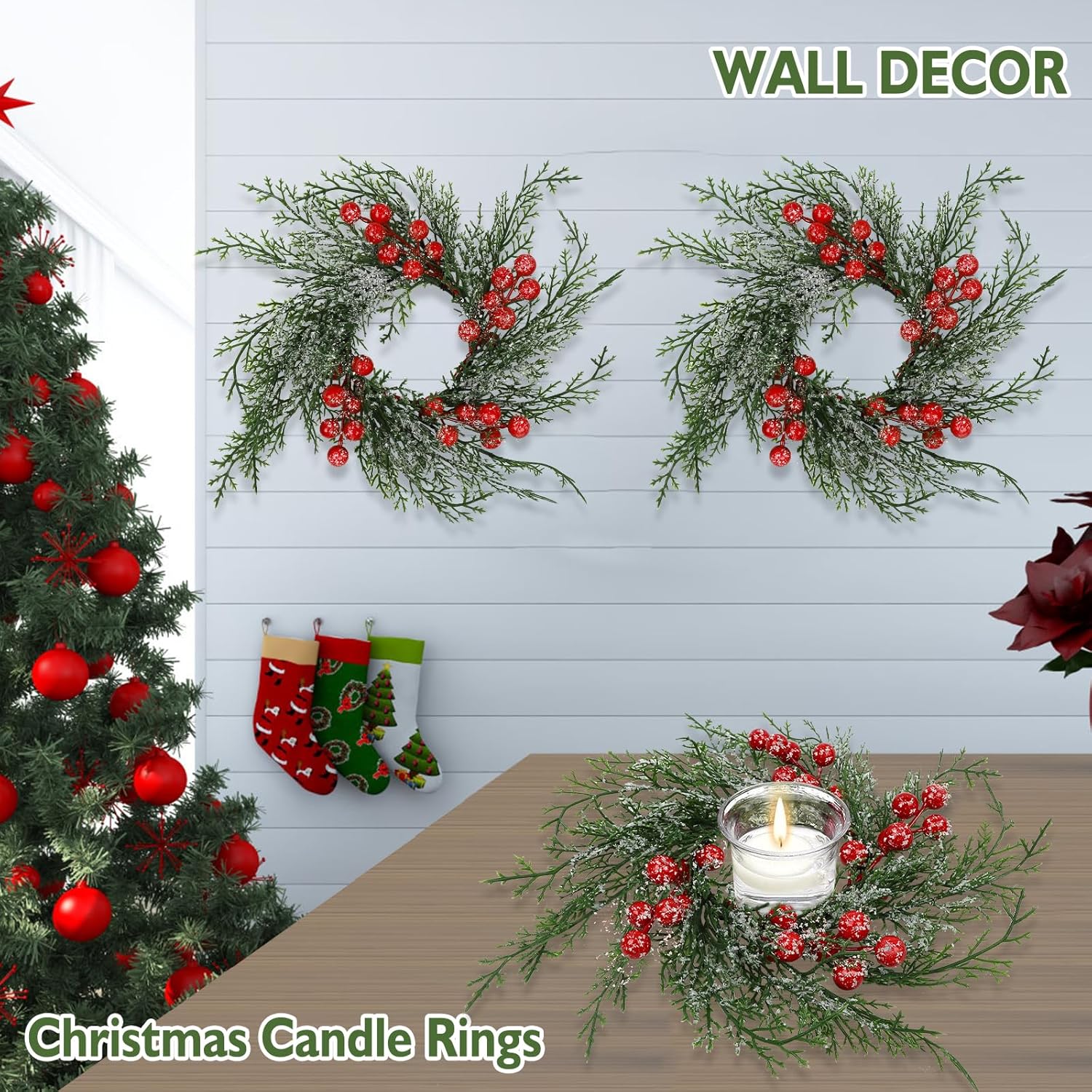 Regine Switzerland Christmas Candle Rings - Set of 6 Artificial Wreaths with Red Berries & Snowy Pine for Festive Table Centerpieces