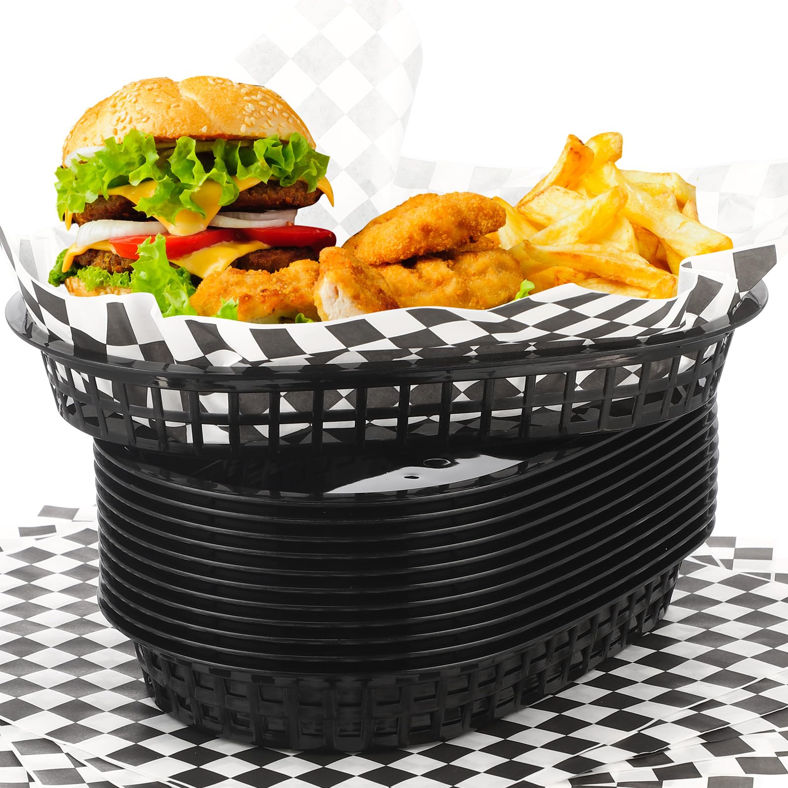Uiifan 24 Pcs Fast Food Baskets with 100 Deli Liners Halloween Deli Food Baskets 10.5 x 7 Inch Serving Burger Chip Trays for Halloween Hot Dog Hamburger Bread Picnic(Black)
