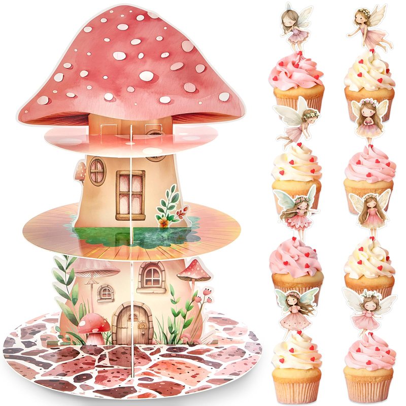 Fairy Birthday Party Decorations 3 Tier Mushroom Cupcake Stand with Fairy Theme Cupcake Toppers Fairies Garden Party Cake Decoration for Woodland Fairies Theme Birthday Baby Shower Spring Supplies
