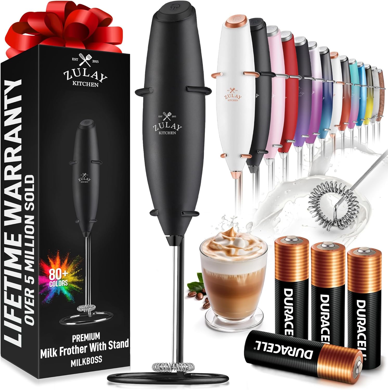 Zulay Kitchen Milk Frother Wand - Ultra-Fast Handheld Electric Whisk for Coffee & Lattes - Executive Black