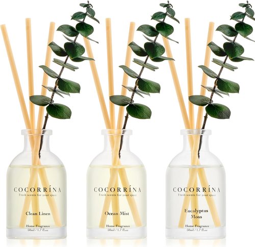 COCORRÍNA Eucalyptus Reed Diffuser Set - 3 Invigorating Scents: Eucalyptus & Moss, Clean Linen, Ocean Mist | 1.7 fl oz Each