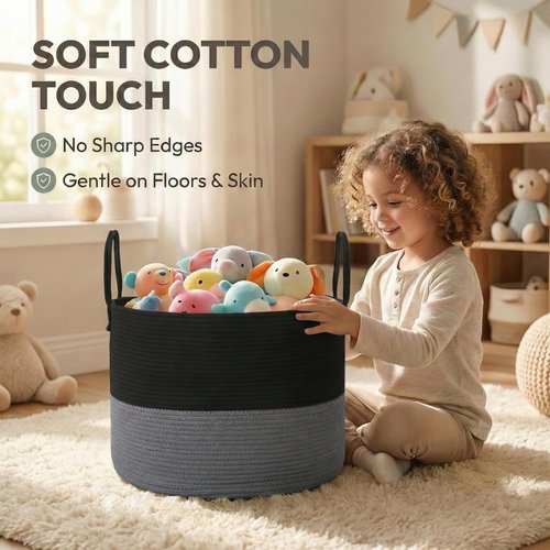 JMvicyroam 65L Extra Large Blanket Basket - Woven Cotton Rope Laundry Hamper with Handles | Machine Washable Black & Grey Storage Bin for Pillows, Comforters & Toys