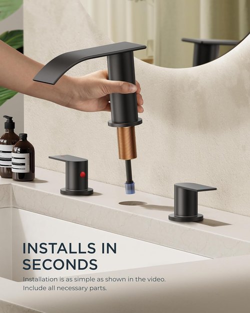 FORIOUS Black Square Bathroom Faucet - Stylish Waterfall Design with Metal Pop-Up Drain & Two Handles