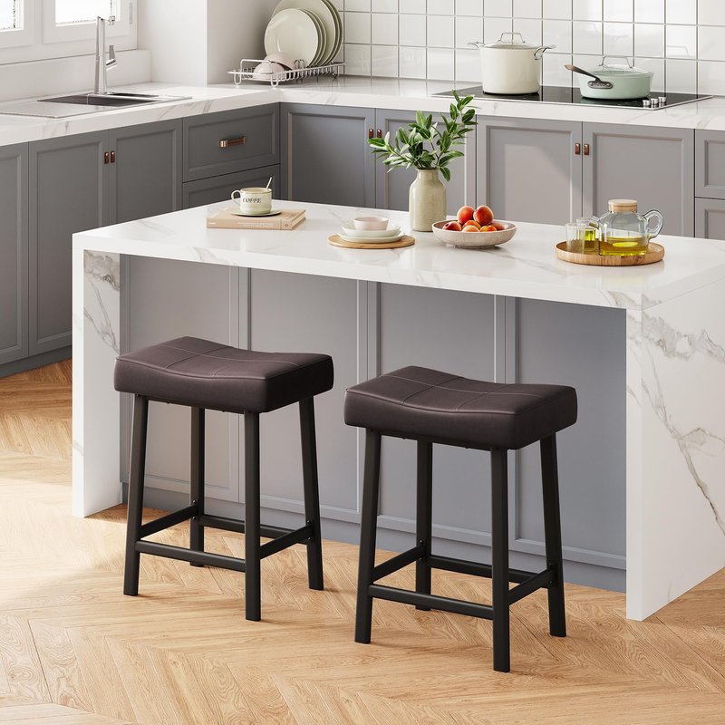 IDEALHOUSE 24 Inch Backless Saddle Barstools Set of 2, Counter Height Upholstered Padded Barstools with Curved Surface, Metal Leg and Footrest, for Kitchen Counter, Home Bar (Brown, 24 inch-Set of 2)