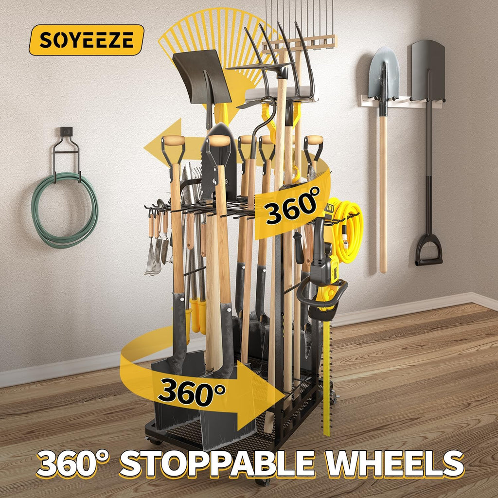 SOYEEZE Garden Tool Organizer - Heavy Duty 3-Tier Tool Rack with Lockable Wheels | Holds 35 Tools