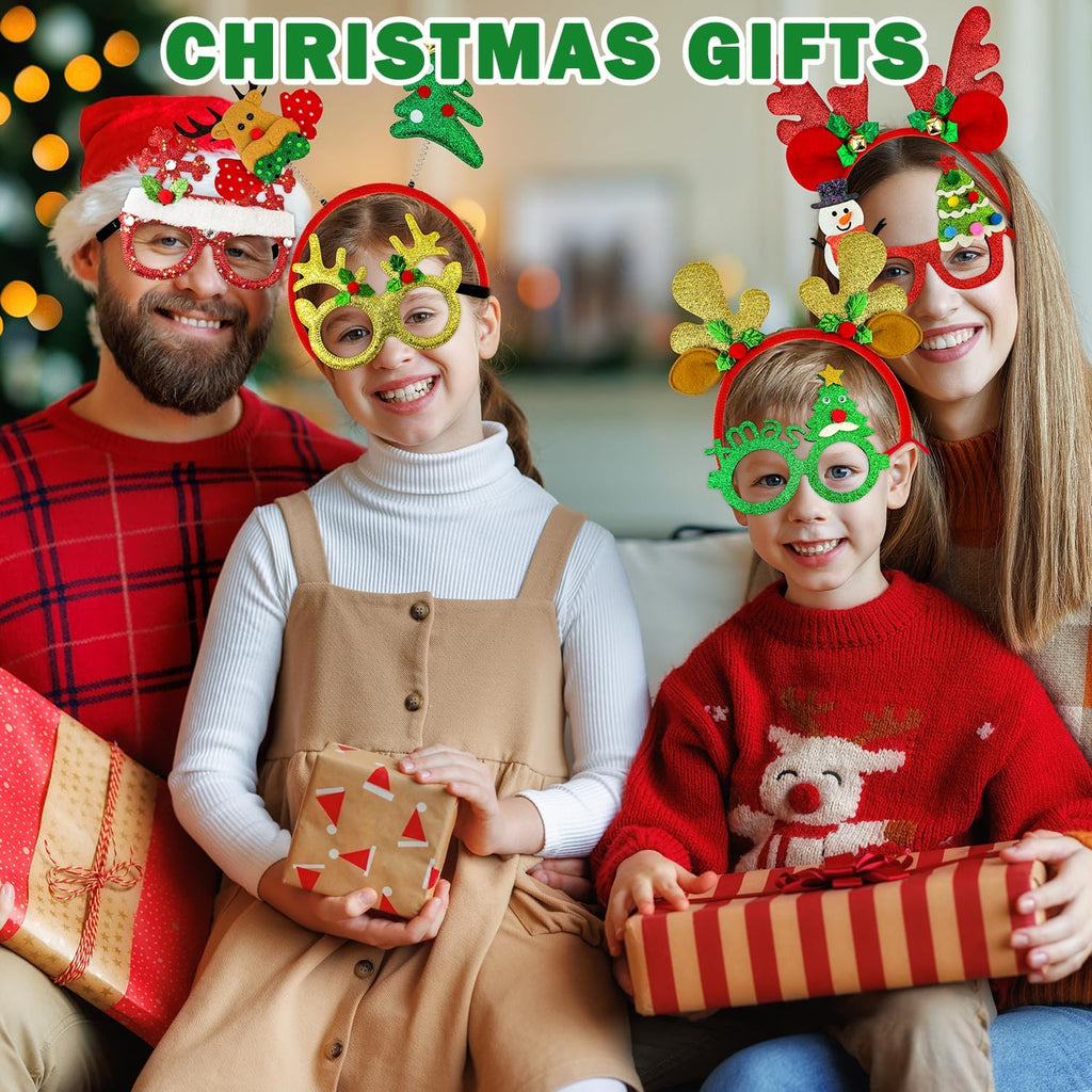 Skiennix Christmas Glasses & Headband Set - 12 Pack Glitter Eyewear & Holiday Accessories | One Size Fits All
