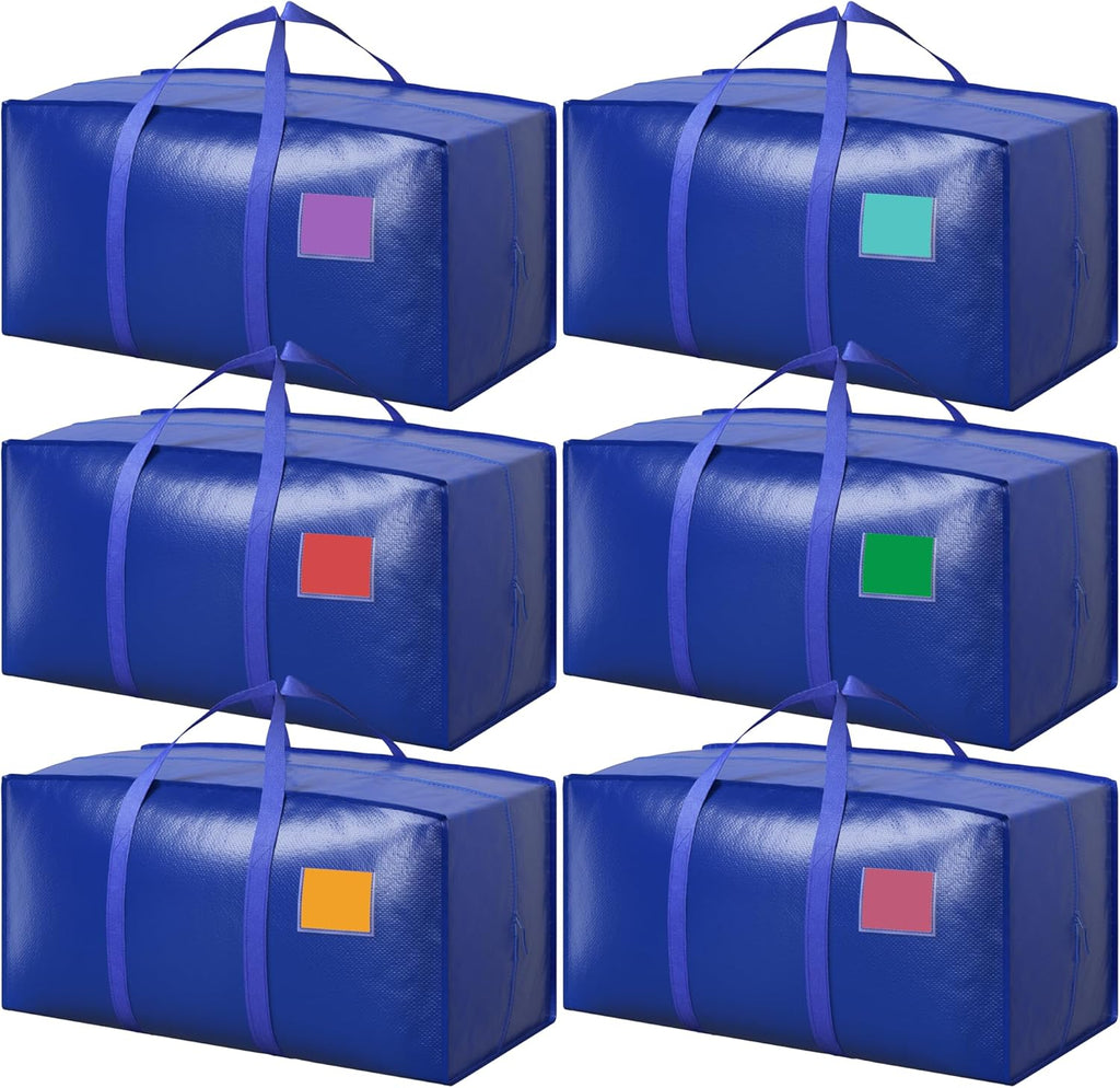 Skiennix 6 Pack Moving Bags - Extra Large 93L Heavy Duty Waterproof Storage Totes | Blue for College Dorm & Home Organization