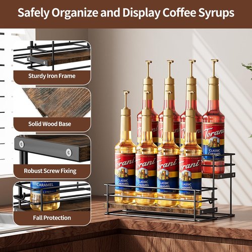 Nuovoware Coffee Syrup Organizer, 2-Tier 8 Bottles Organizer, Separable Metal Rack with Wooden Base Whiskey Wine Dressing for Countertop Kitchen Bar, Black