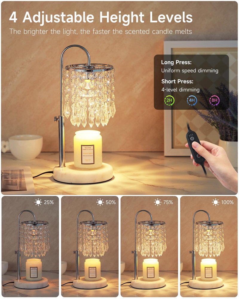 Candle Warmer Lamp with Timer Dimmer and 3 Bulbs, Candle Lamp Warmer with Marble Base for Adjustable Height, Crystal Candle Lamp for Jar Candles, House Warming Gifts Home Room Decor, Silver