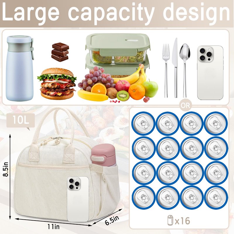 Carry bloom Lunch Box for Women, Insulated Lunch Bag Cute Corduroy Lunchbox Reusable Tote Bags for Work (beige corduroy)
