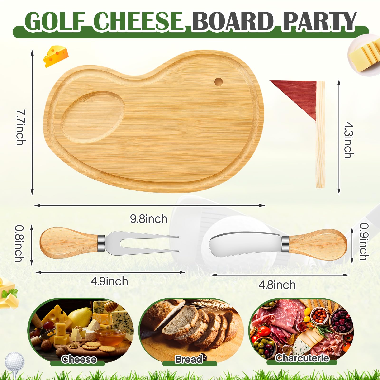 Ziliny Golf Cheese Board Gift Set Party Favor Prizes Charcuterie Wood Board with Knives and Box Father Day Gift for Dad Grandpa Party Tournament Game (9.8" x 7.7", Bamboo Color)
